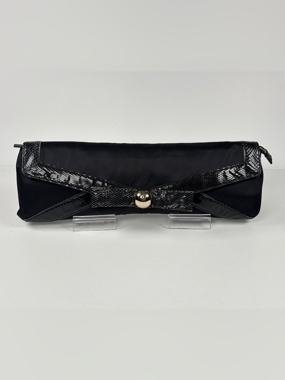 Kate Spade black clutch bow & snake trim, gold hard ware. Tan Polka dot interior